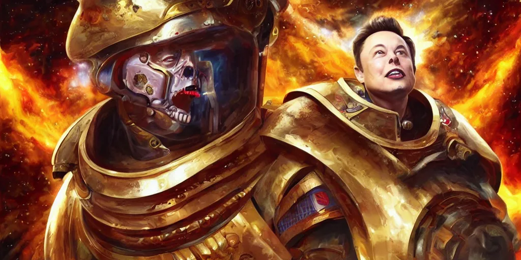 Image similar to God-Emperor Elon Musk crushes the unbelievers, realistic digital painting in the style of Warhammer