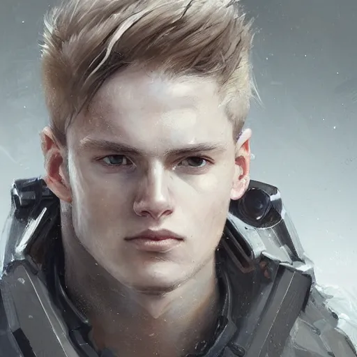 Image similar to Portrait of a man by Greg Rutkowski, he is about 20 years old, norwegian, short blond hair, young, manly, attractive, strong, older brother vibes, he is wearing futuristic military fatigues, highly detailed portrait, scifi, digital painting, artstation, concept art, smooth, sharp foccus ilustration, Artstation HQ