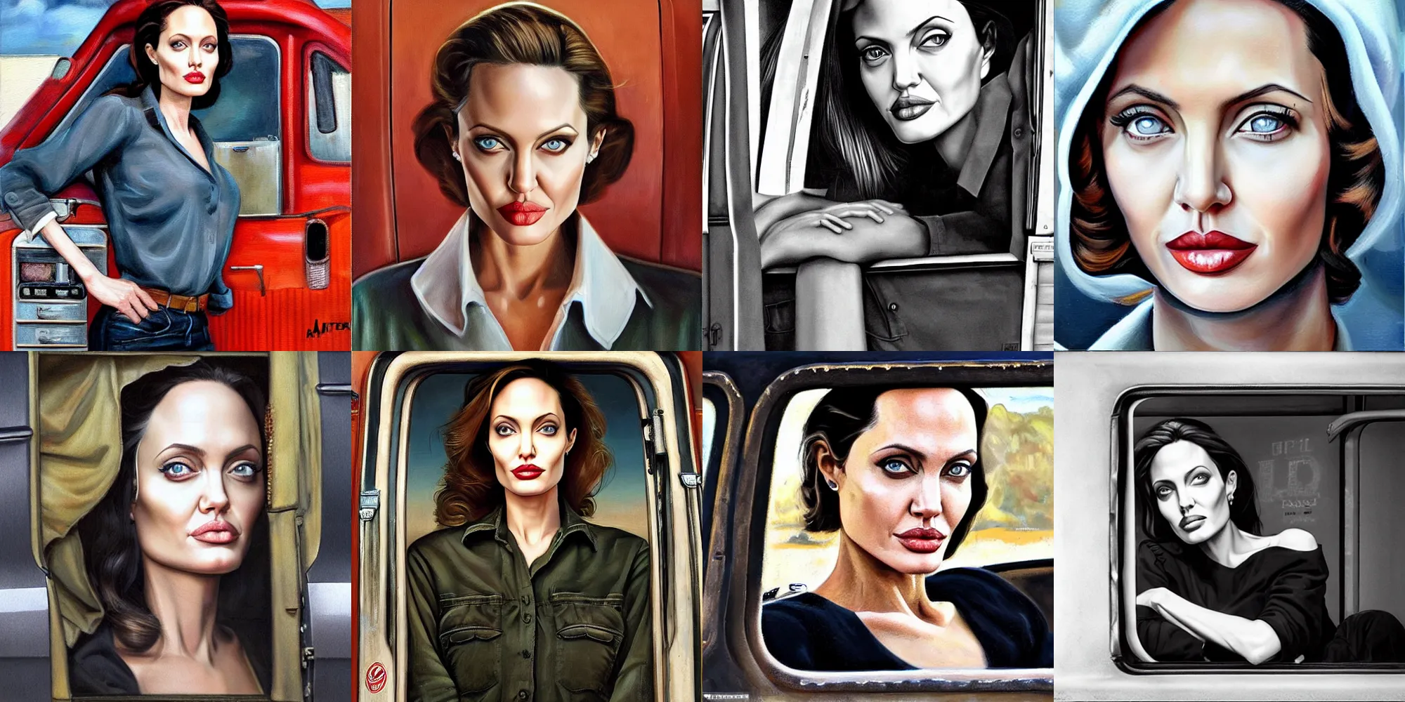 Prompt: symmetrical oil painting half - length portrait angelina jolie posing in truck cabin dressed like trucker truck driver by percevel rockwell - from 1 9 4 0 s, symmetrical eyes