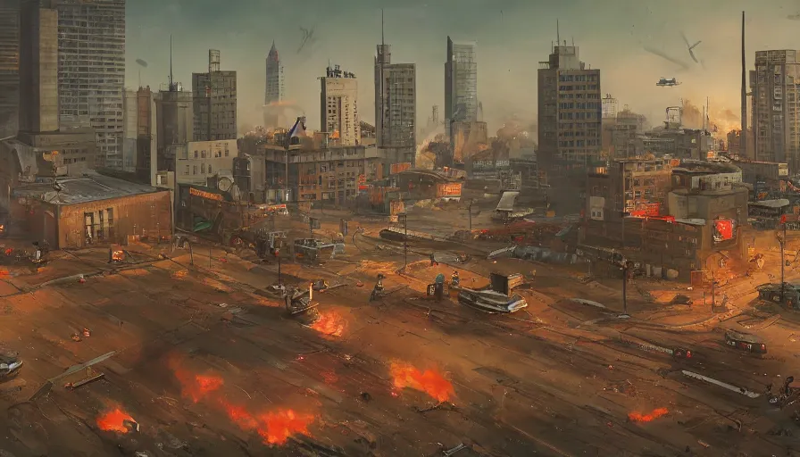 Image similar to warsaw downtown, soldiers and mech fight, simon stalenhag, 4 k, ultra detailed, explosions and smoke