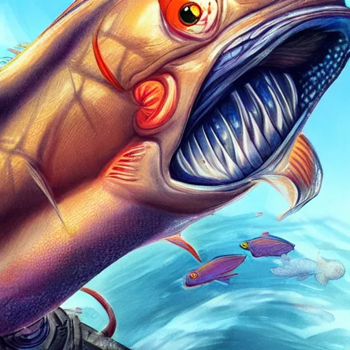 Image similar to an ugly fish eating an ugly fish, illustration, ultra detailed, in the style of artgerm, trending on artstation