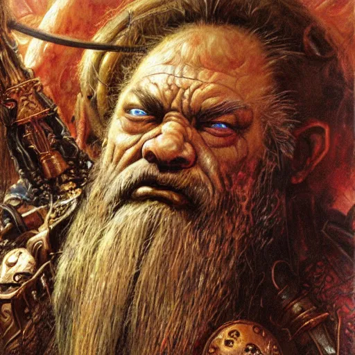 Image similar to art by donato giancola and bayard wu and gustav moreau and wayne barlowe, a fantasy cinematic close up shot of a dwarf berserker, warhammer, dnd, last stand