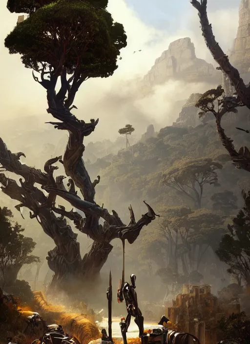 Image similar to hyper realistic robot attacking cape town city beautiful details, gnarly trees, strong composition, poster painted by greg rutkowski, concept art, arcane style, hearthstone wizards of the coast norman rockwell, james gurney and greg rutkowski weta studio, and lucasfilm and best of artstation