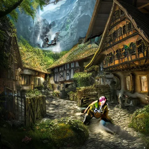 Image similar to my precious! - gollum / smeagol - the hobbit - j. r. r. tolkien - a medieval village in switzerland, ornate, beautiful, atmosphere, vibe, flowers, concept art illustration, greg rutowski, volumetric lighting, sunbeams, particles