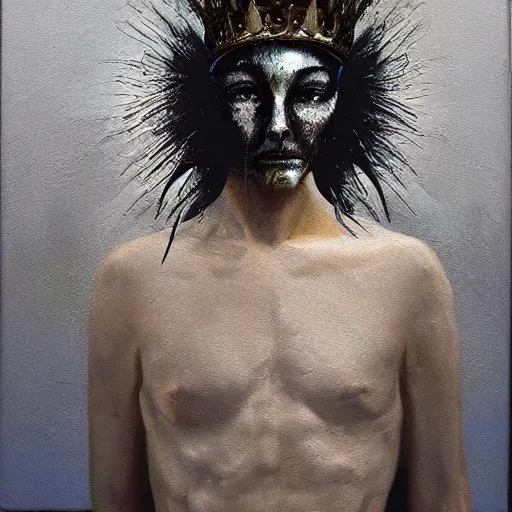 Prompt: artemixel, the modern reincarnation of the old 🤯 🤬 😹 god of hunt and moon, also known as artemis the selene, carrying the celebrated crown of the crescent moon, wich its usual bright and slightly bluish crescent like the brightness of the night. portrait by nicola samori and jeffrey smith, oil on canvas