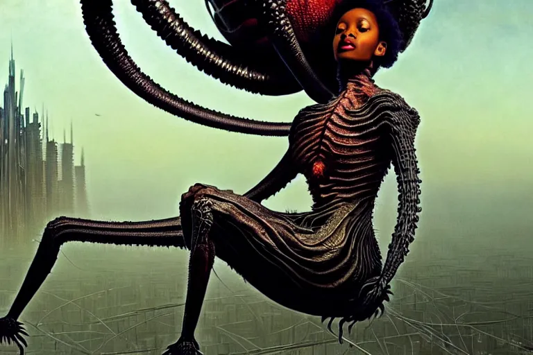 Image similar to realistic detailed closeup portrait movie shot of a beautiful black woman riding a giant spider, dystopian city landscape background by denis villeneuve, amano, yves tanguy, alphonse mucha, max ernst, ernst haeckel, edward robert hughes, roger dean, cyber necklace, rich moody colours, sci fi patterns, wide angle