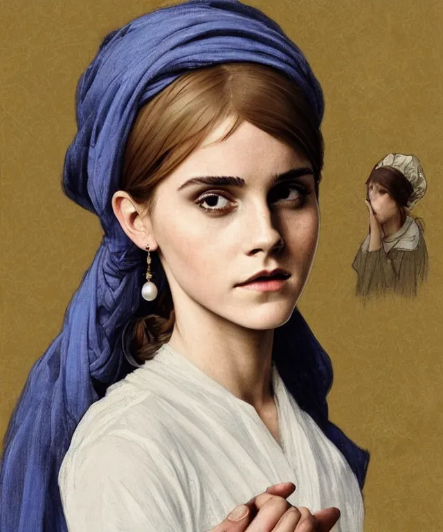 Image similar to Emma Watson as the girl with the pearl earring, highly detailed, digital painting, artstation, concept art, smooth, sharp focus, illustration, ArtStation, art by artgerm and greg rutkowski and alphonse mucha and J. C. Leyendecker and Edmund Blair Leighton and Katsuhiro Otomo and Geof Darrow and Phil hale and Ashley wood and Ilya repin and Charlie Bowater