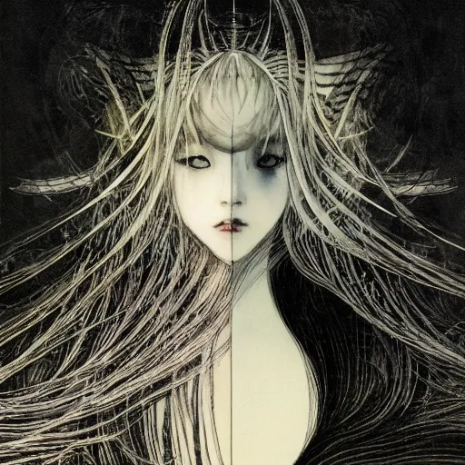 Image similar to yoshitaka amano blurred and dreamy illustration of a japanese woman with black eyes, wavy white hair fluttering in the wind wearing elden ring armor with engraving, abstract patterns in the background, noisy film grain effect, highly detailed, renaissance oil painting, weird portrait angle, blurred lost edges, three quarter view