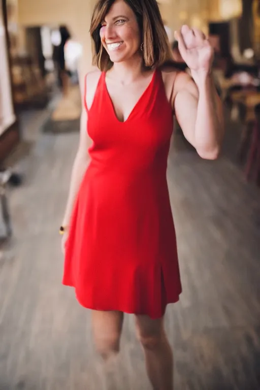 Prompt: photo portrait of a smiling pretty woman in a red sleeveless dress, out of focus, blurry