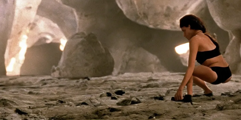 Image similar to color film still, view from behind, a woman in black bikini exploring a spaceship ; alien 2 ( 1 9 8 6 )