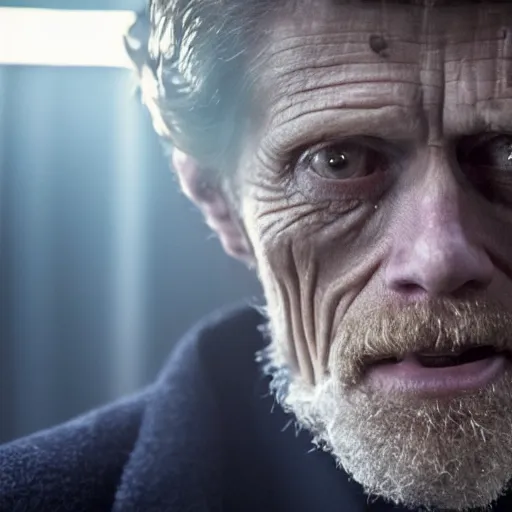 Image similar to willem dafoe as a rough dirty old man with a scruffy beard in a dark blue trenchcoat as the new doctor who, cinematic, volumetric lighting, f 8 aperture, cinematic eastman 5 3 8 4 film, photorealistic