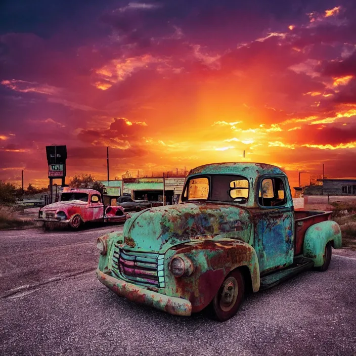 Image similar to a sunset light landscape with historical route 6 6, lots of sparkling details and sun ray ’ s, blinding backlight, smoke, volumetric lighting, colorful, octane, 3 5 mm, abandoned gas station, old rusty pickup - truck, beautiful epic colored reflections, very colorful heavenly, softlight