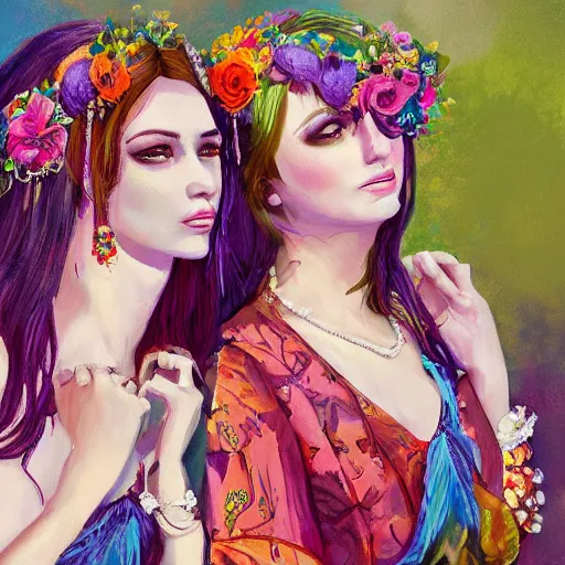 Image similar to lgbt wedding in 1 9 7 0 hippie fashion, digital painting, ultradetailed, artstation, oil painting, ultradetailed, artstation