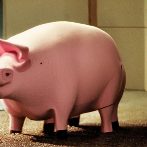 Prompt: movie still of a pig shaped robot