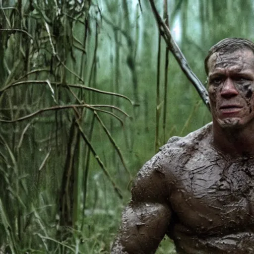 Image similar to film still of john cena as major dutch, covered in mud and hiding, a blurred predator is visible in swamp scene in 1 9 8 7 movie predator, hd, 8 k
