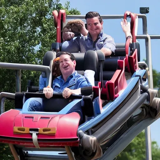 Prompt: Ted Cruz riding a roller coaster in six flags