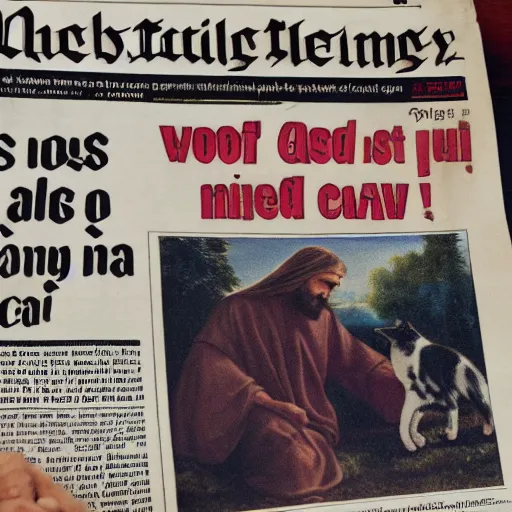 Prompt: Front page newspaper article about Jesus petting a cat