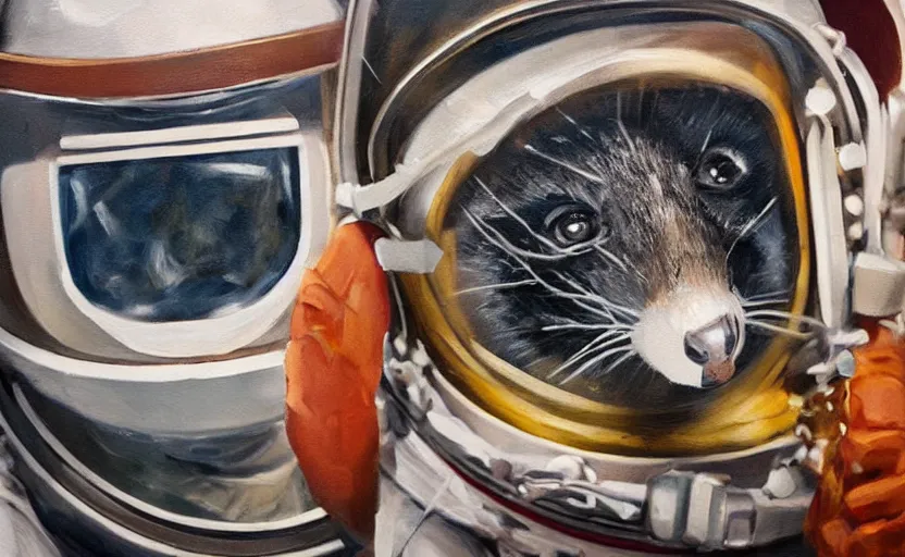 Image similar to oil painting of a racoon in a astronaut suit with helmet, 35mm, photo, Epic, cinematic, highly detailed and intricate