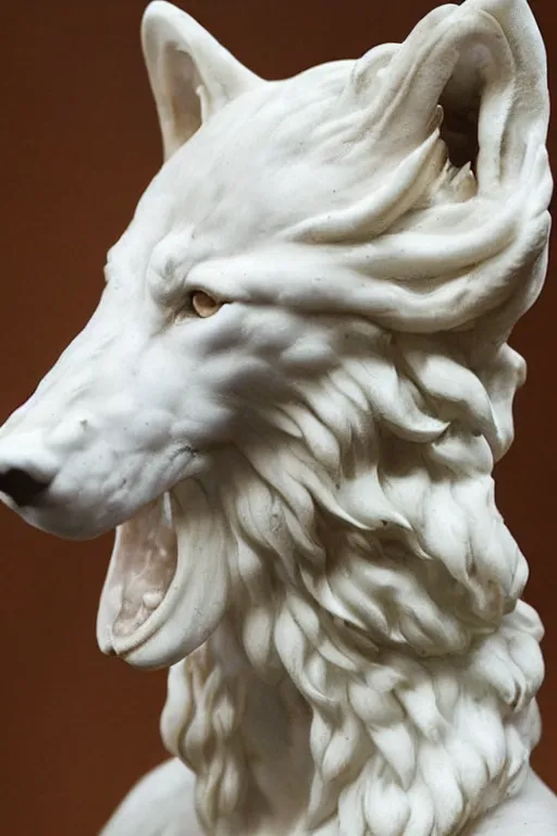Image similar to a white marble statue of a wolf's head and shoulders with gold filigree, michelangelo
