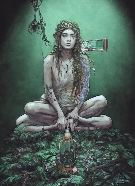 Image similar to portrait, beautiful Stoner hippy girl, sitting cross-legged, smoking a magical bong, watercolor, dramatic lighting, cinematic, establishing shot, extremely high detail, foto realistic, cinematic lighting, pen and ink, intricate line drawings, by Yoshitaka Amano, Ruan Jia, Kentaro Miura, Artgerm, post processed, concept art, artstation, matte painting, style by eddie mendoza, raphael lacoste, alex ross