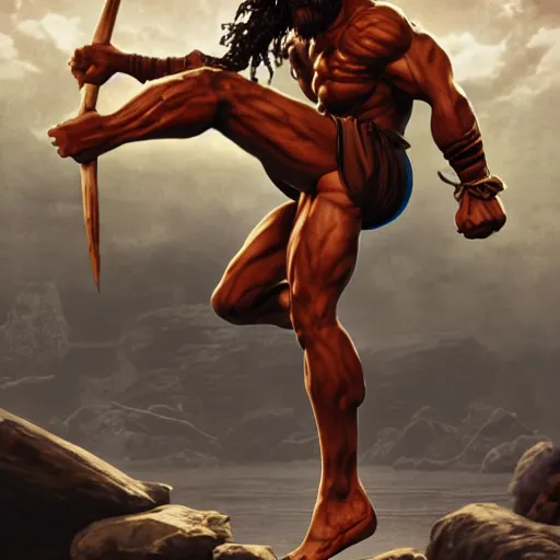 Image similar to jason momoa as dhalsim street fighter, high kick, ultra realistic, concept art, intricate details, highly detailed, photorealistic, octane render, 8 k, unreal engine, art by frank frazetta, simon bisley, brom