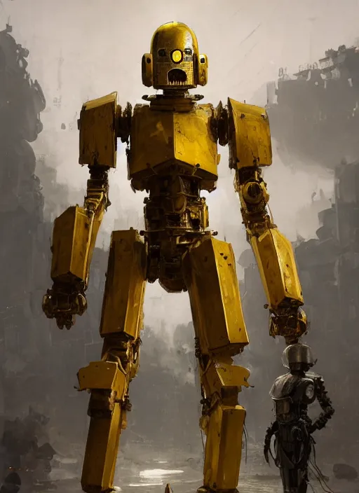 Prompt: human-sized strong intricate yellow pit droid carrying very detailed perfect antique great sword and beautiful large paladin shield, pancake short large head, exposed metal bones, painterly humanoid mecha, by Greg Rutkowski
