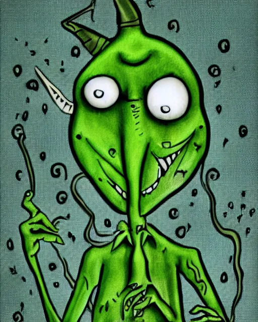 Prompt: a green devil with sad expression by tim burton