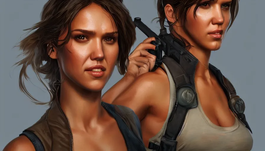 Prompt: Jessica Alba is Lara Croft, hyperdetailed, artstation, cgsociety, 8k