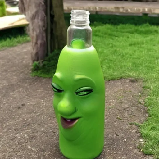 Prompt: a children's bottle inspired by shrek's design, ia bottle n the shape of shrek