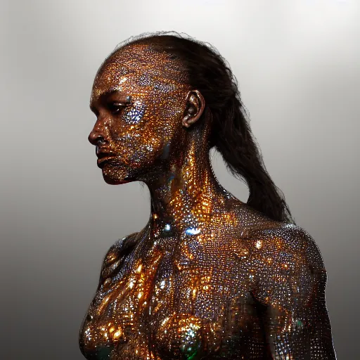 Image similar to brown woman wearing a shiny dragonfly armor. shimmering. iridiscent. thin - film interference. super detailed. layered. textured. award winning. dispersion of light. refracted lighting. soft. fragile. vunerable. extremely photorealistic. 8 k