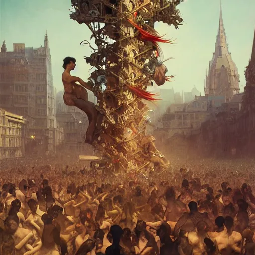 Image similar to hundreds of humans climbing on each other creating incredible surrealistic structures, highly detailed, digital painting, matte, sharp focus, art by wlop, greg rutkowski, alphonse mucha, frank frzetta, boris vallejo, bouguereau, beksinski, cinematic, octane render