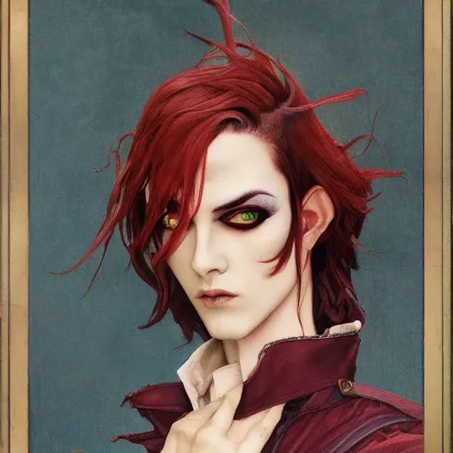 Prompt: a beautiful and androgynous half - elf with almond skin tone and messy short red hair and catlike features with yellow eyes with slit pupils, dressed in a jodhpuri suit, dnd character, golden aura, realistic portrait by ross tran and gerald brom and kehinde wiley and fernando amorsolo and alphonse mucha, trending on artstation