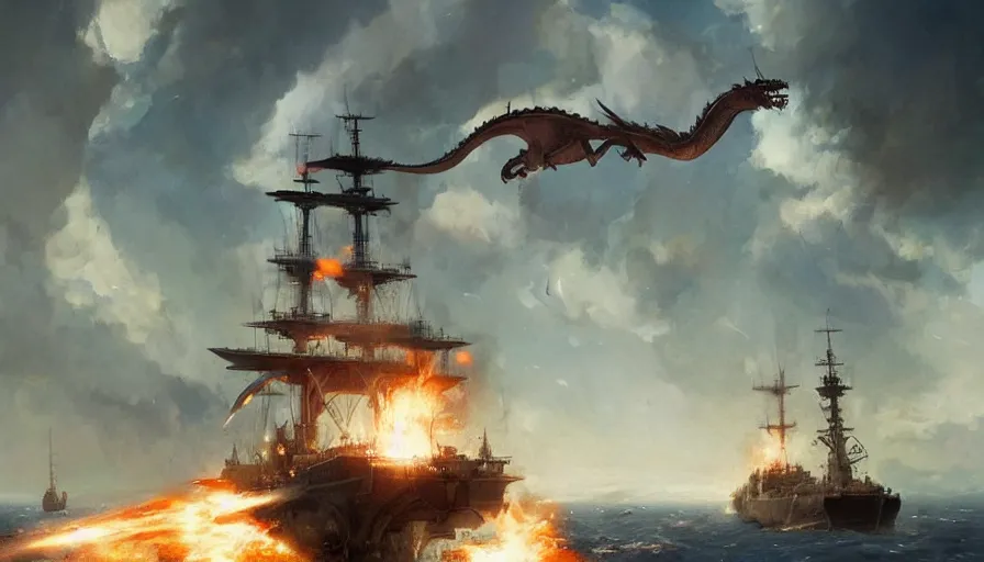 Prompt: dragon breathing fire in the sky above a single navy sailing ship by greg rutkowski