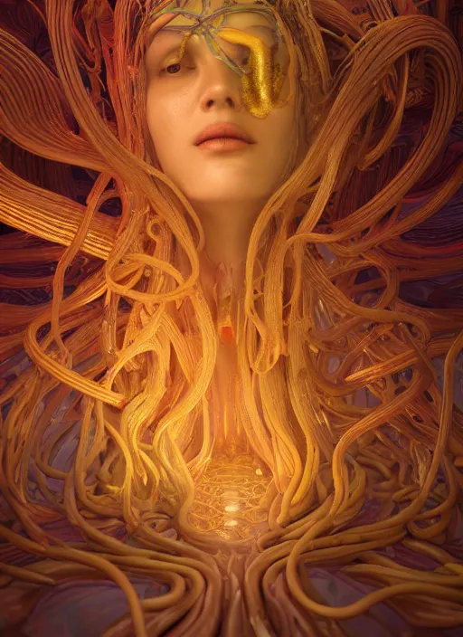 Image similar to subsurface scattering, medusa made of soft wax, cgsociety, translucent, wooden art nouveau swirls, colored smoke, gold cables, neurons, nuclear, in the style of ruan jia and beeple and giger, mystical colors, back light, rim light, dramatic lighting, 8 k, stunning scene, raytracing, octane render