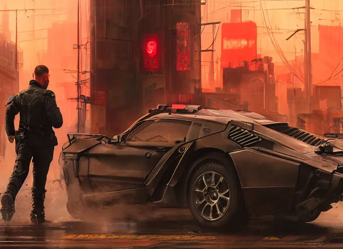 Image similar to ezra evades sgt griggs. cyberpunk hacker escaping menacing cops ( blade runner 2 0 4 9, dystopian, cyberpunk 2 0 7 7 character design ). epic painting by james gurney and laurie greasley, oil on canvas. cinematic, hyper realism, realistic proportions, anatomy, dramatic lighting, high detail 4 k