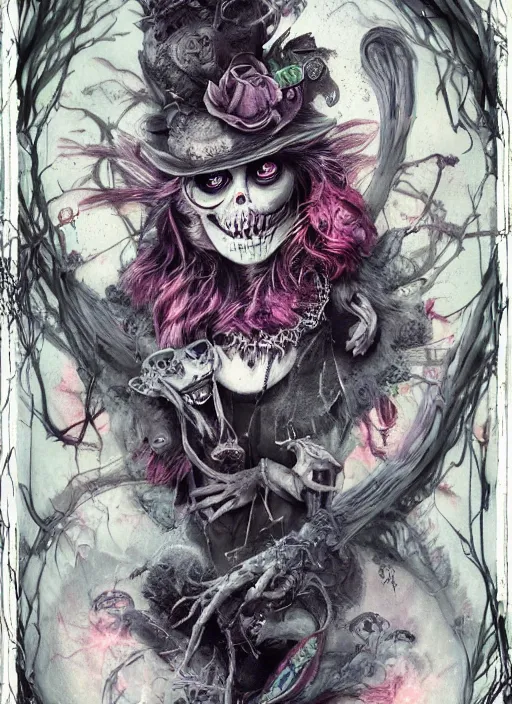 Prompt: Alice attends Mad Tea Party, Cheshire Cat, Mad hatter, death tarot card,highly detailed,half skull face,cinematic,8k,by Stanley Artgermm,Tom Bagshaw,Greg Rutkowski,Carne Griffiths, Ayami Kojima, Beksinski, Giger,trending on DeviantArt,hyper detailed,horror, full of colour