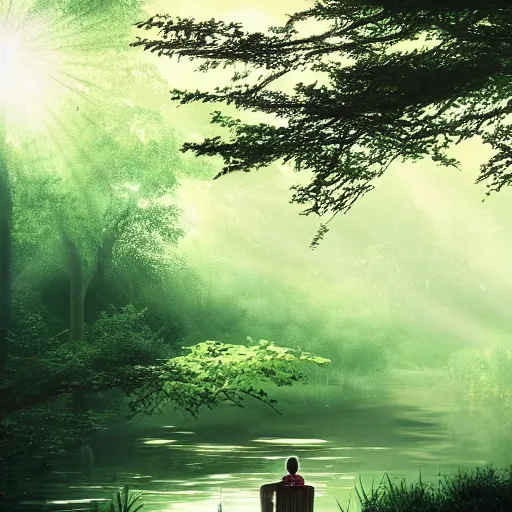 Prompt: a prince sits on a bench in a forest in front of a pond in the center, green color scheme, morning, mist, sun rays, artstation,