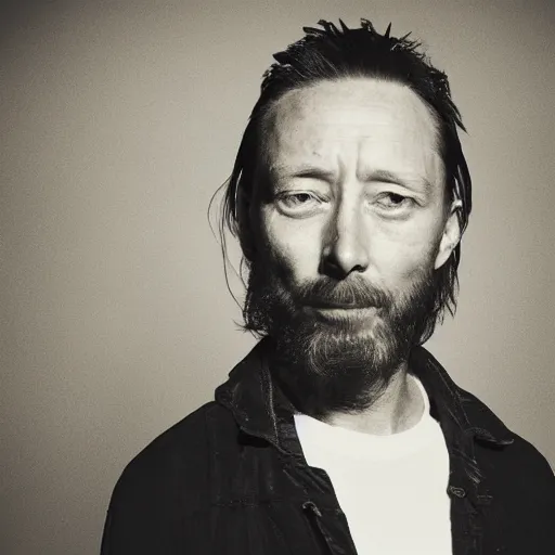 Image similar to Thom Yorke, a man with a beard and a black jacket, a portrait by John E. Berninger, dribble, neo-expressionism, uhd image, studio portrait, 1990s