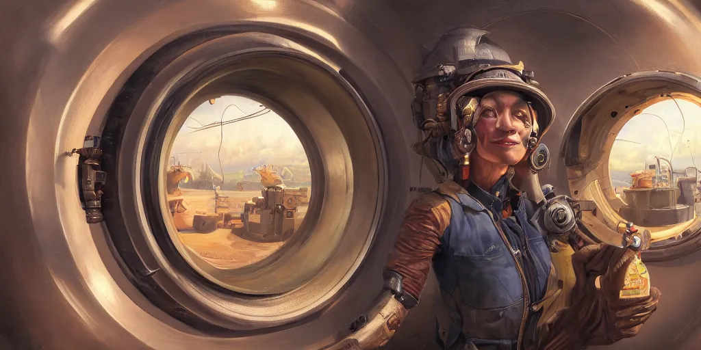 Prompt: highly detailed portrait painting of welder and angelina joile, mono single eye in porthole, by eddie mendoza and tyler edlin, 8 k resolution