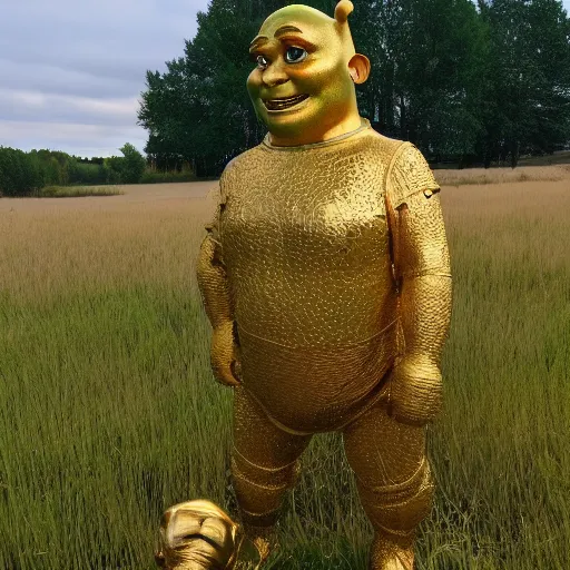 Prompt: drunk russians find a golden Shrek statue in a field, 4k, 8k high detailed