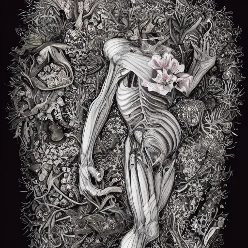 Image similar to a beautiful detailed photo of a full body rotten woman corpse morphing into fractal plants and fractal flowers and mushrooms, muscles, veins, anatomical, intricate, ornate, volumetric light, beautiful lit, beetlejuice