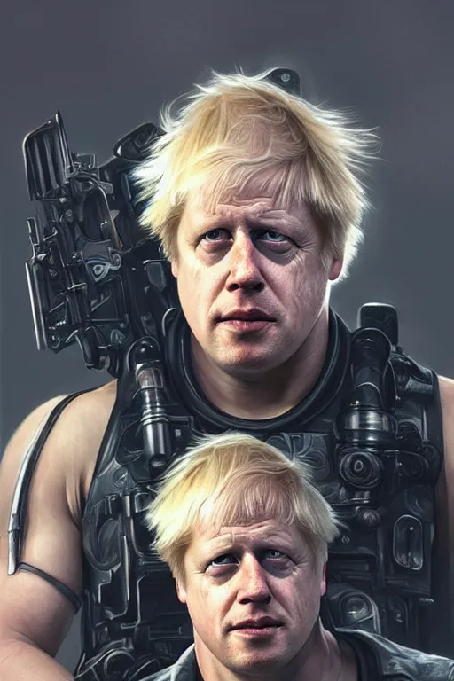 Image similar to Boris Johnson as Terminator, Boris Johnson hairstyle, full body realistic portrait, highly detailed, digital painting, artstation, concept art, smooth, sharp focus, illustration, cinematic lighting, art by artgerm and greg rutkowski and alphonse mucha