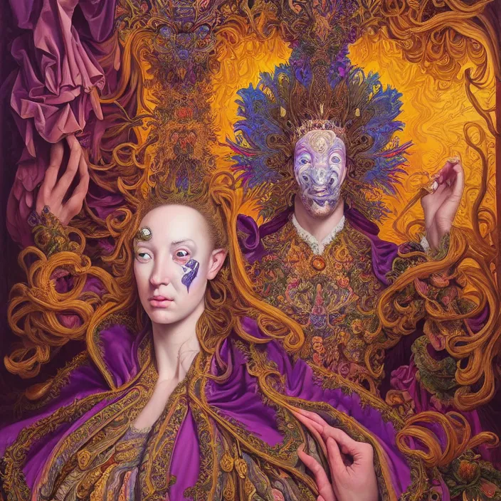 Image similar to beautiful oil painting, full length portrait of dauphinois in baroque coronation robes 1701, Dan Mumford, Dan Mumford, Alex grey, hyacinthe rigaurd, highly detailed , lsd visuals, dmt fractal patterns, hallucinogen, visionary art, psychedelic art, ornate, vaporwave, baroque, Greg rutkowski