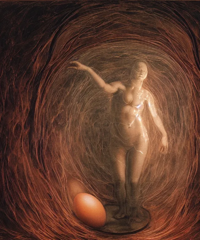 Image similar to Beautiful full-body wax sculpture of a glowing transparent woman inside egg in the singularity where stars becoming baroque folds of dark matter by Michelangelo da Caravaggio, Nicola Samori, William Blake, Alex Grey and Beksinski, dramatic volumetric lighting, highly detailed oil painting, 8k, masterpiece