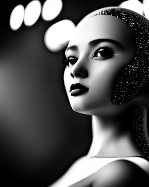 Image similar to black and white dreamy young beautiful female artificial intelligence, metropolis, cinematic, rim light, bokeh, photo - realistic, elegant, high detail, 8 k, masterpiece, photo taken in 1 9 3 0