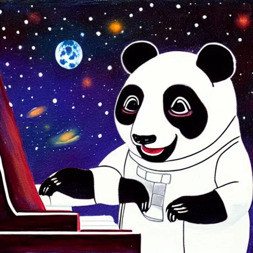 Image similar to painting of a panda playing piano at the edge of the galaxy wearing an astronaut uniform and laughing