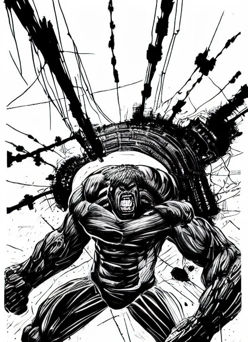 Image similar to black and white hulk with wires screaming in nuclear explosion, by tsutomu nihei, black and white, no color, destroed cybernetic city background