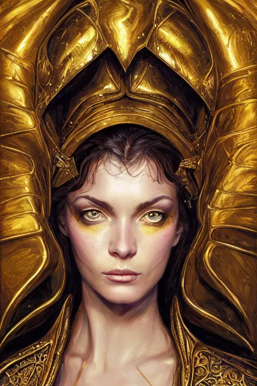 Image similar to high quality extremely detailed closeup portrait of a young gorgeous female warlock looking away from the camera wearing very reflective golden armor, detailed eyes, sparkle in eyes, no hands visible, fantasy, d & d, intricate, painting by lucian freud and mark brooks, hd