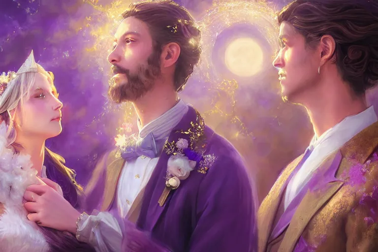 Image similar to a dreamlike cinematic portrait of wedding photograph close up moment of a divine a russia sun god and moon goddess lovers magician at a wedding banquet. portraiture. digital painting. artstation. concept art. fantasy wedding photo. digital painting, 8 k realistic, hyper detailed, violet evergarden art masterpiece by art by krenz cushart