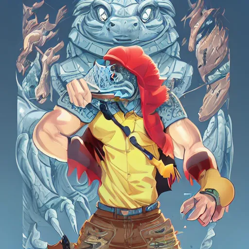 Image similar to in the style of artgerm, loish, ross tran and elysecastro, cartoon anthropomorphic alligator, symmetrical face, symmetrical eyes, red scales on his back, yellow scale on his belly and chest, male, waring a hawaiian shirt, cgsociety, hd, 4 k. - c 1 0. 0